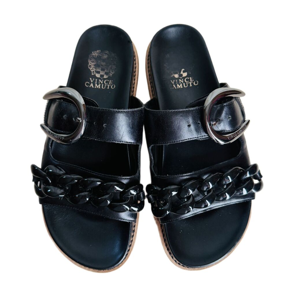 Vince Camuto Kennedys Sandals 9.5 Black Leather Shoes Chunky Chain Detail - Picture 2 of 8